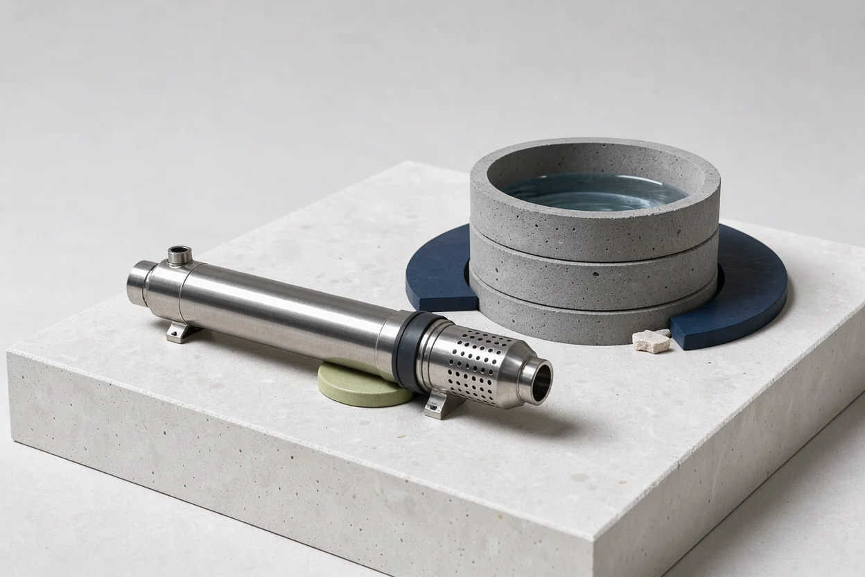 Langwerpige bronpomp op een droge steun naast een miniatuurwaterput