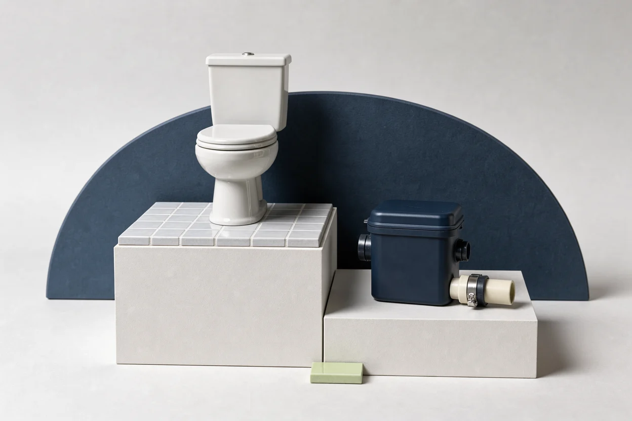 Miniatuurtoilet naast een gesloten broyeur en los afvoerbuisdeel
