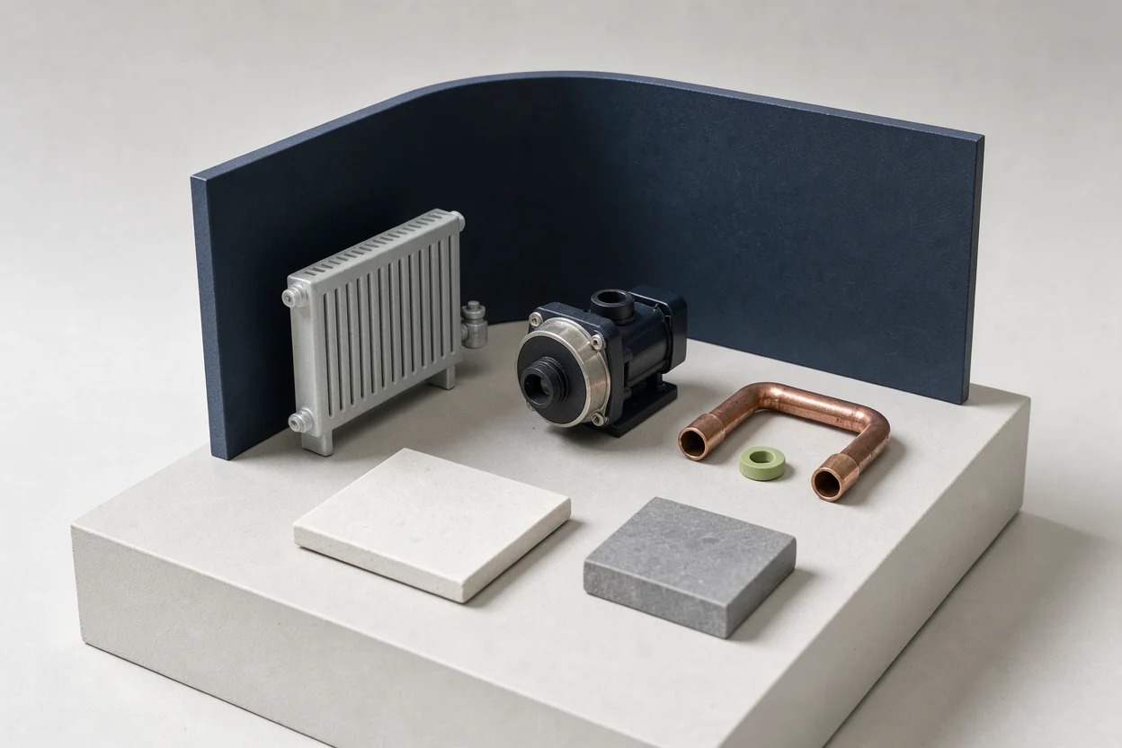 Circulatiepomp naast losse koperen leidingen en een miniatuurradiator
